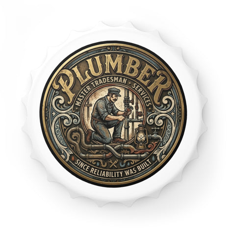 Plumber bottle opener with graphic and text on a white background