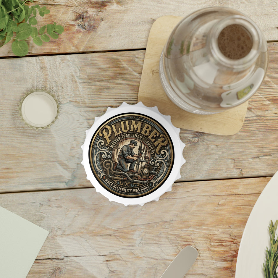 Bottle Opener with 'Plumber' design on a wooden table with a glass bottle and bottle cap.