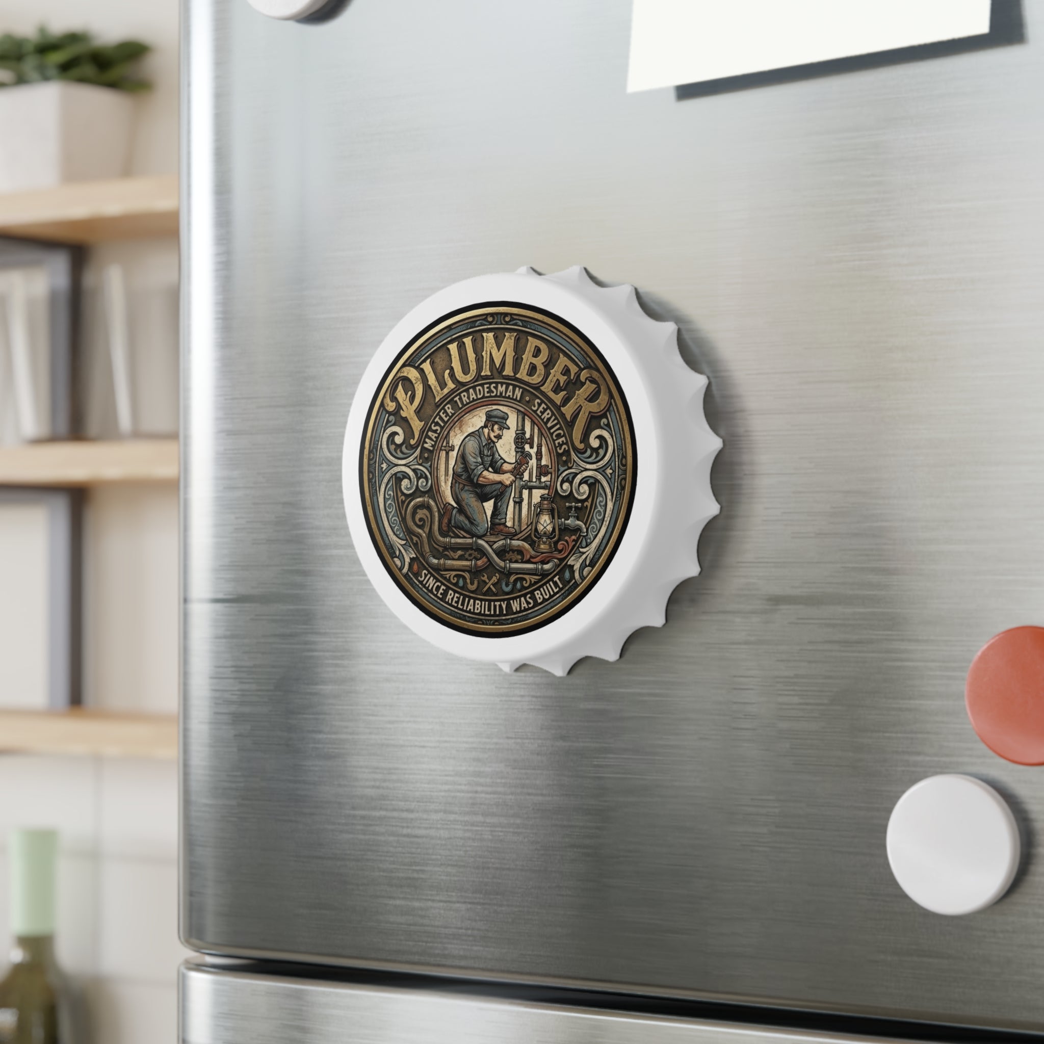 Metallic refrigerator with a 'Plumber' branded bottle cap styled magnet on a refrigerator background