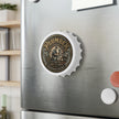 Metallic refrigerator with a 'Plumber' branded bottle cap styled magnet on a refrigerator background