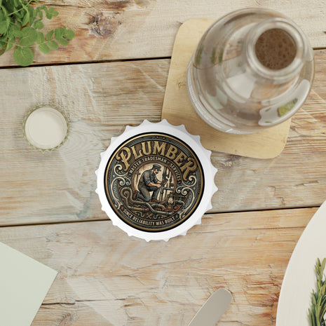 Bottle Opener with 'Plumber' design on a wooden table with a glass bottle and bottle cap.
