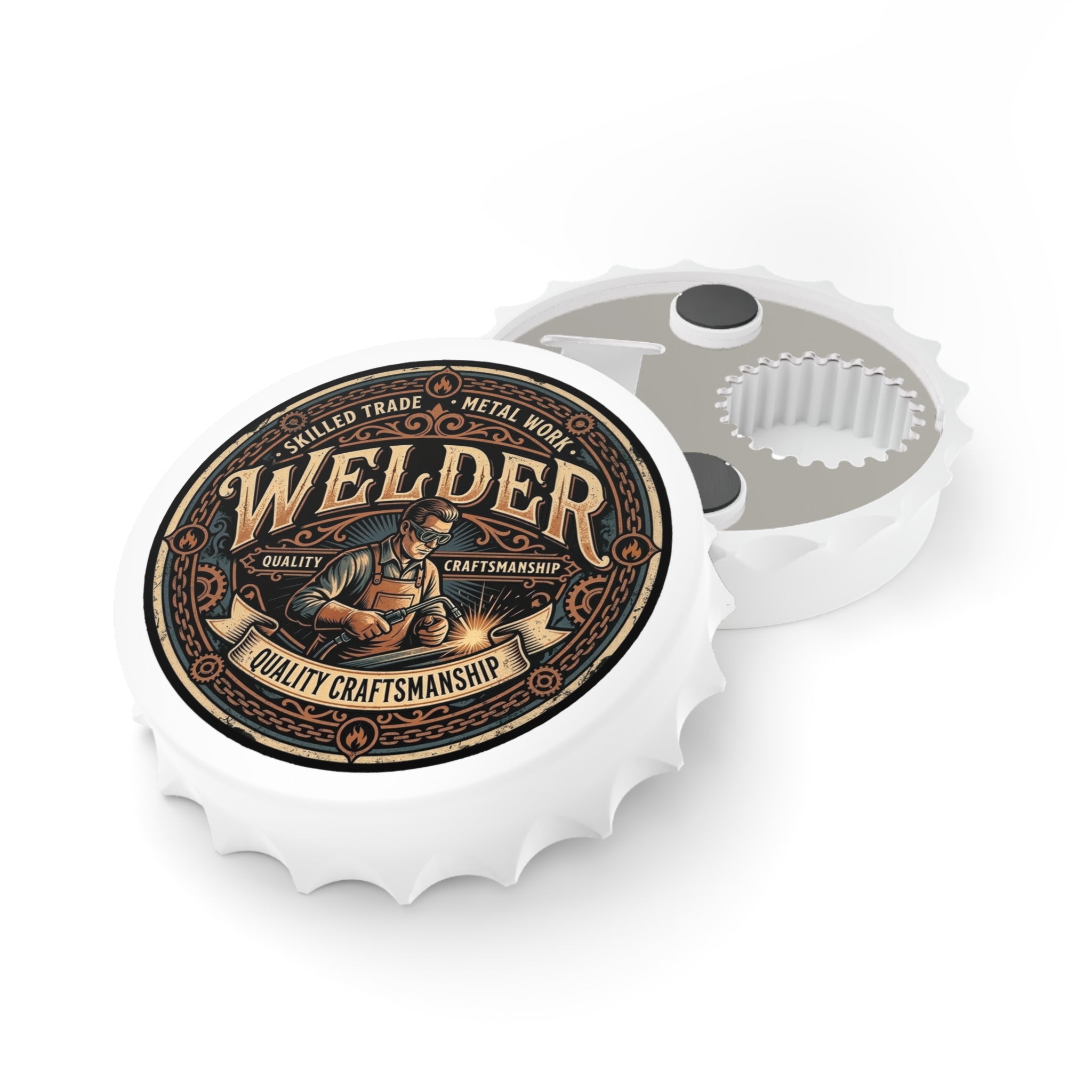 Welder-themed bottle openers with a white background