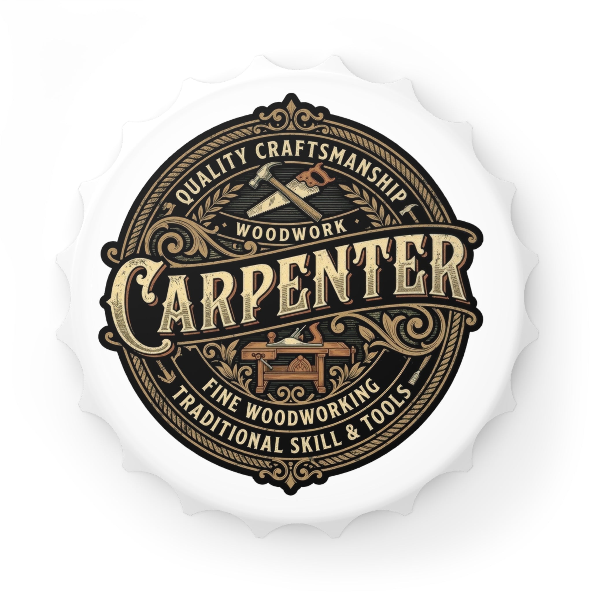 Bottle opener for a carpenter with text and tools on a white background