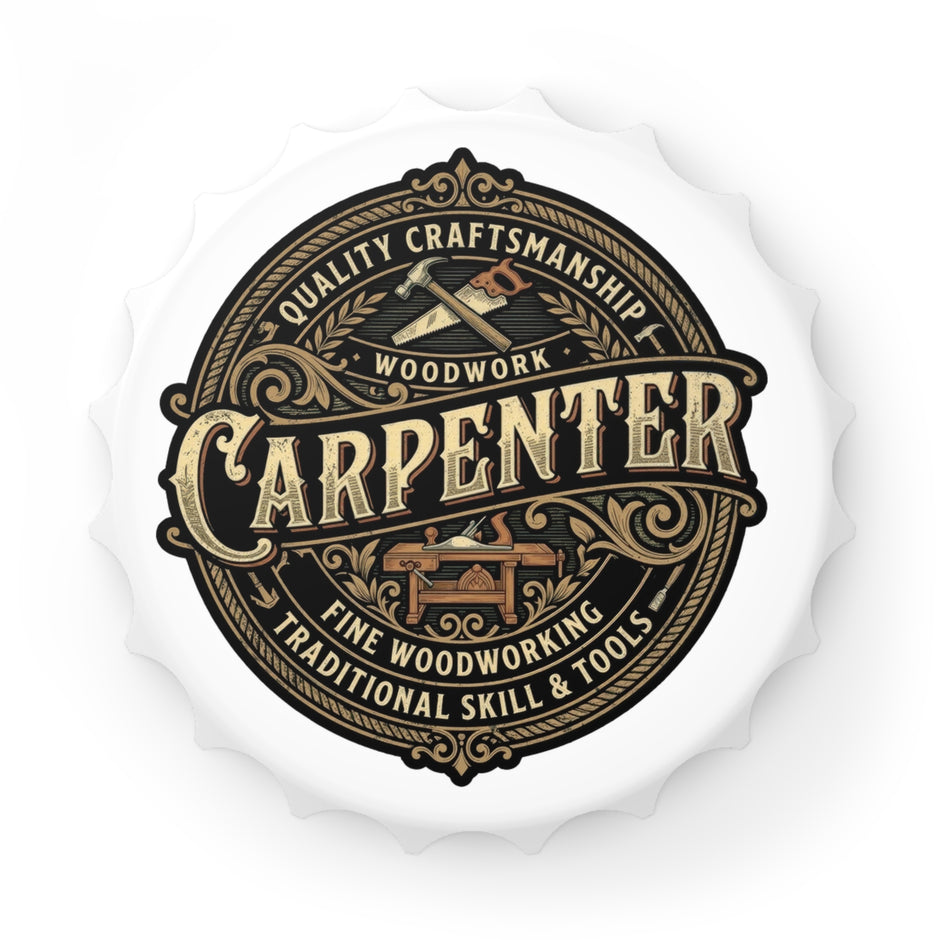 Bottle opener for a carpenter with text and tools on a white background