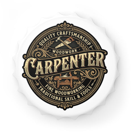 Bottle opener for a carpenter with text and tools on a white background