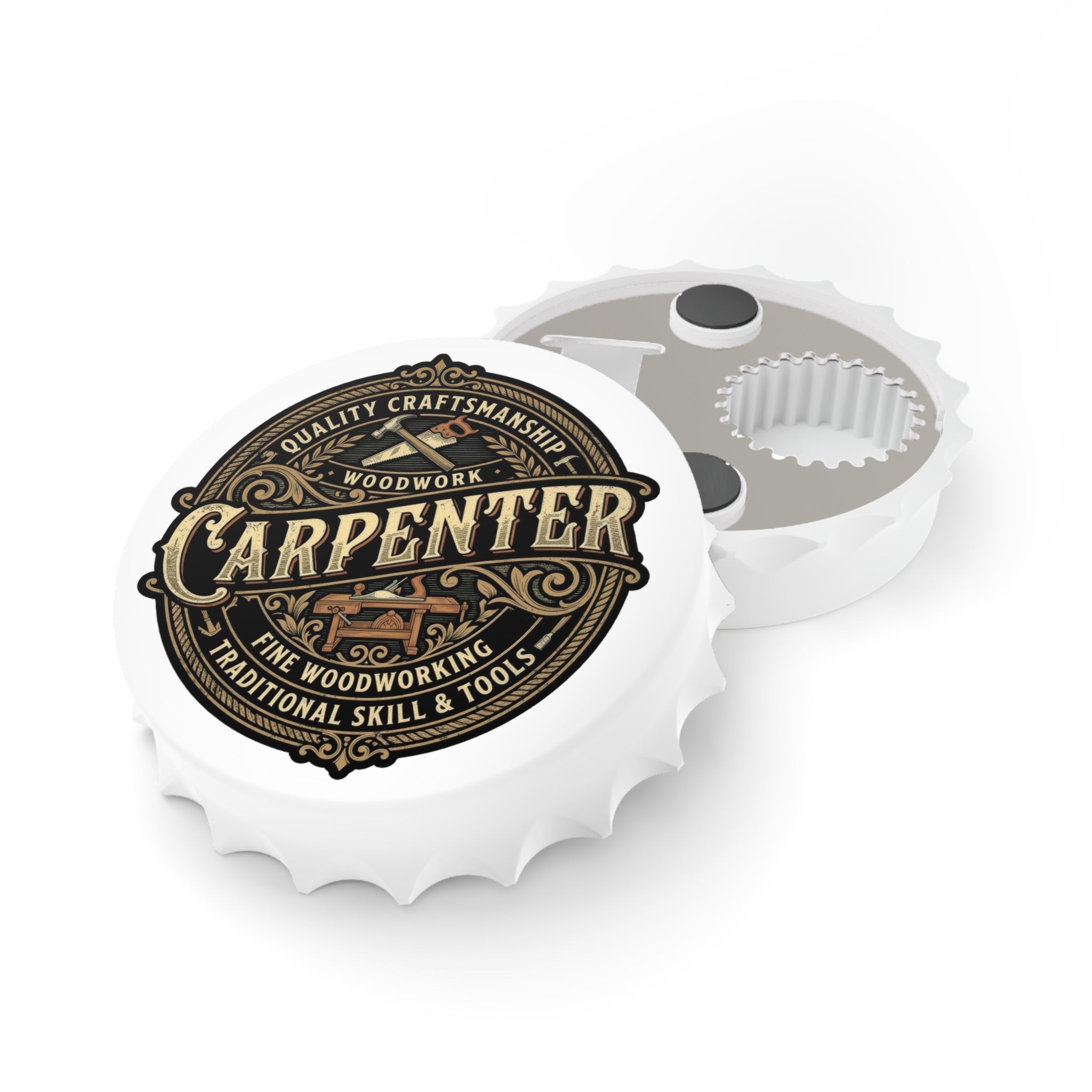 Carpenter brand bottle opener with woodworking design on a white background