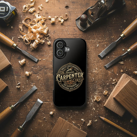 Black phone case with 'Carpenter' logo on a workbench with carpenter's tools
