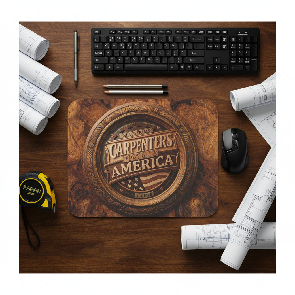Carpenter Square Mouse Pad on a construction desk background