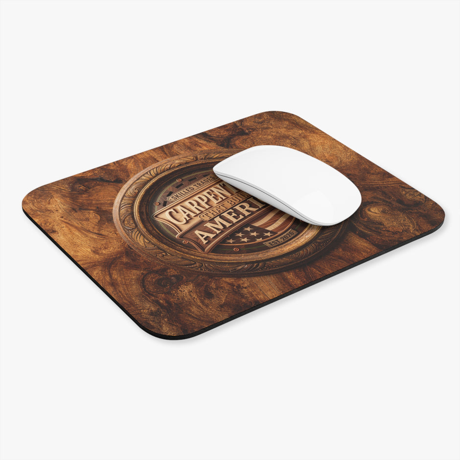 Carpenter mouse pad with 'Carpenters That Build America' design and a white mouse on a white background