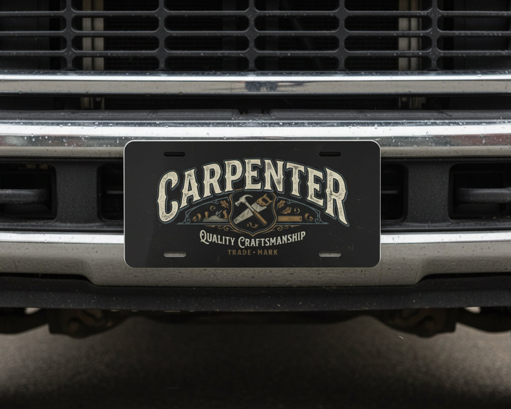 License plate with 'Carpenter' and 'Quality Craftsmanship' text on a work truck bumper