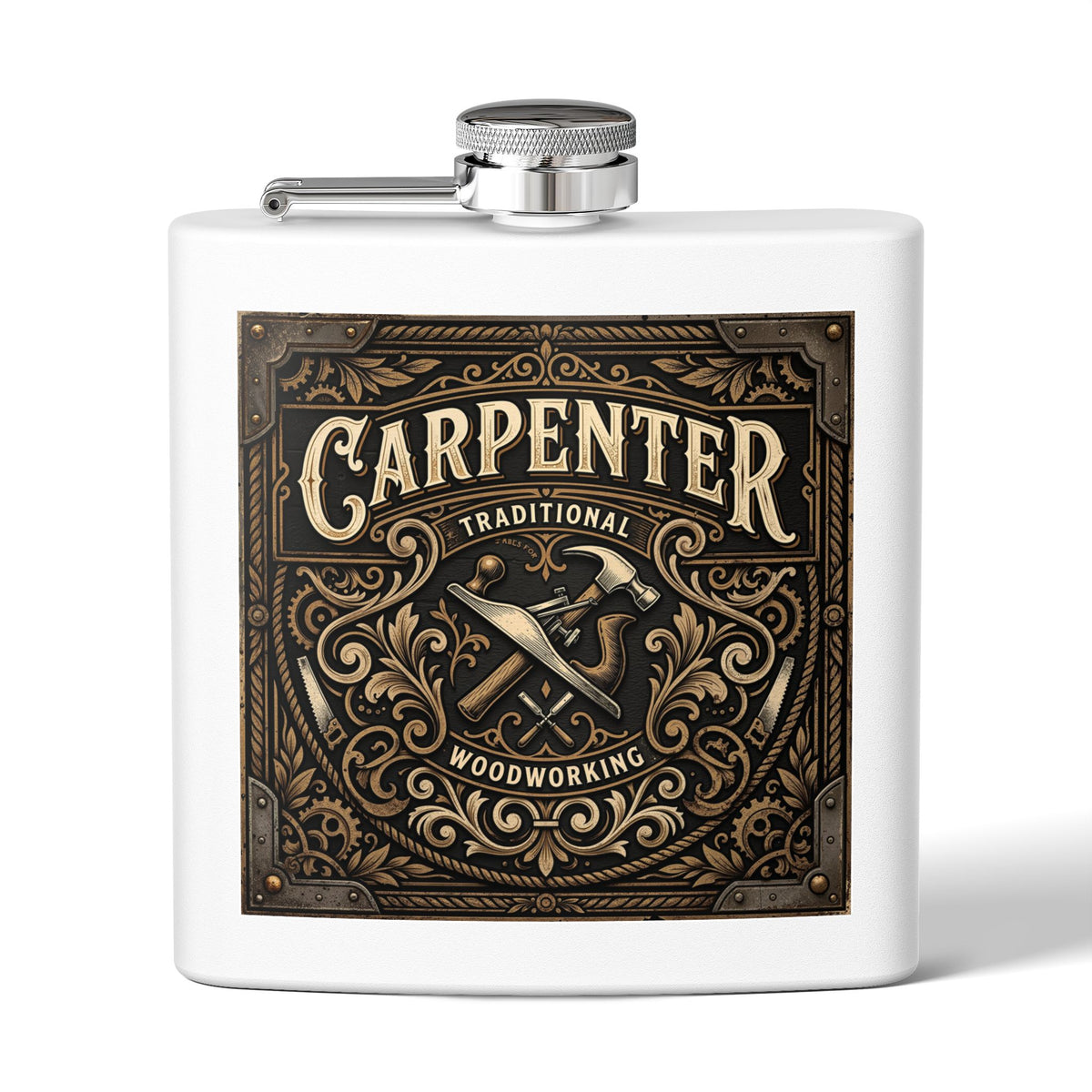 A white rectangular hip flask with a silver screw-top lid and side spout, featuring a large decorative front label that reads 'CARPENTER' with 'Traditional Woodworking' and a hammer-and-screwdriver illustration.