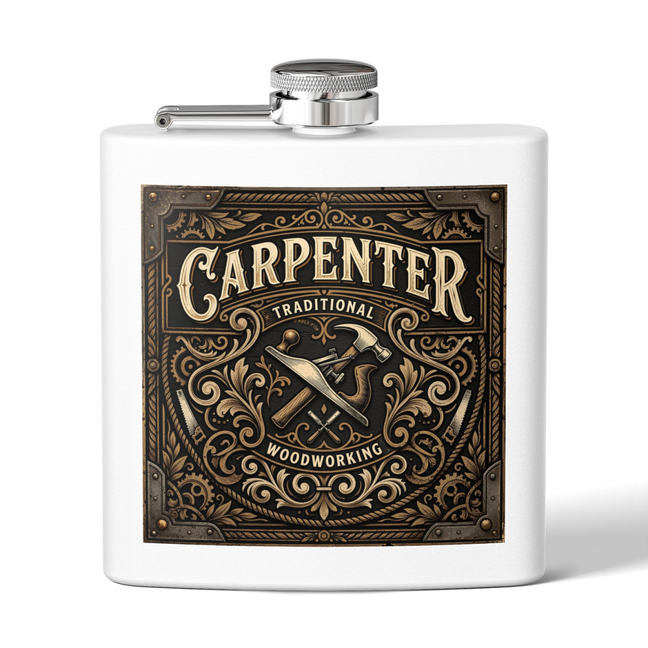 A white rectangular hip flask with a silver screw-top lid and side spout, featuring a large decorative front label that reads 'CARPENTER' with 'Traditional Woodworking' and a hammer-and-screwdriver illustration.