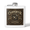 A white rectangular hip flask with a silver screw-top lid and side spout, featuring a large decorative front label that reads 'CARPENTER' with 'Traditional Woodworking' and a hammer-and-screwdriver illustration.