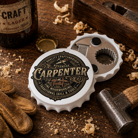 A bottle-cap-shaped carpenter tool with a white outer ring and silver metal interior, shown open on a rustic wooden workbench with wood shavings, a hammer, gloves, and a bottle nearby. The cap features a decorative label reading 'Carpenter' and woodworking text.
