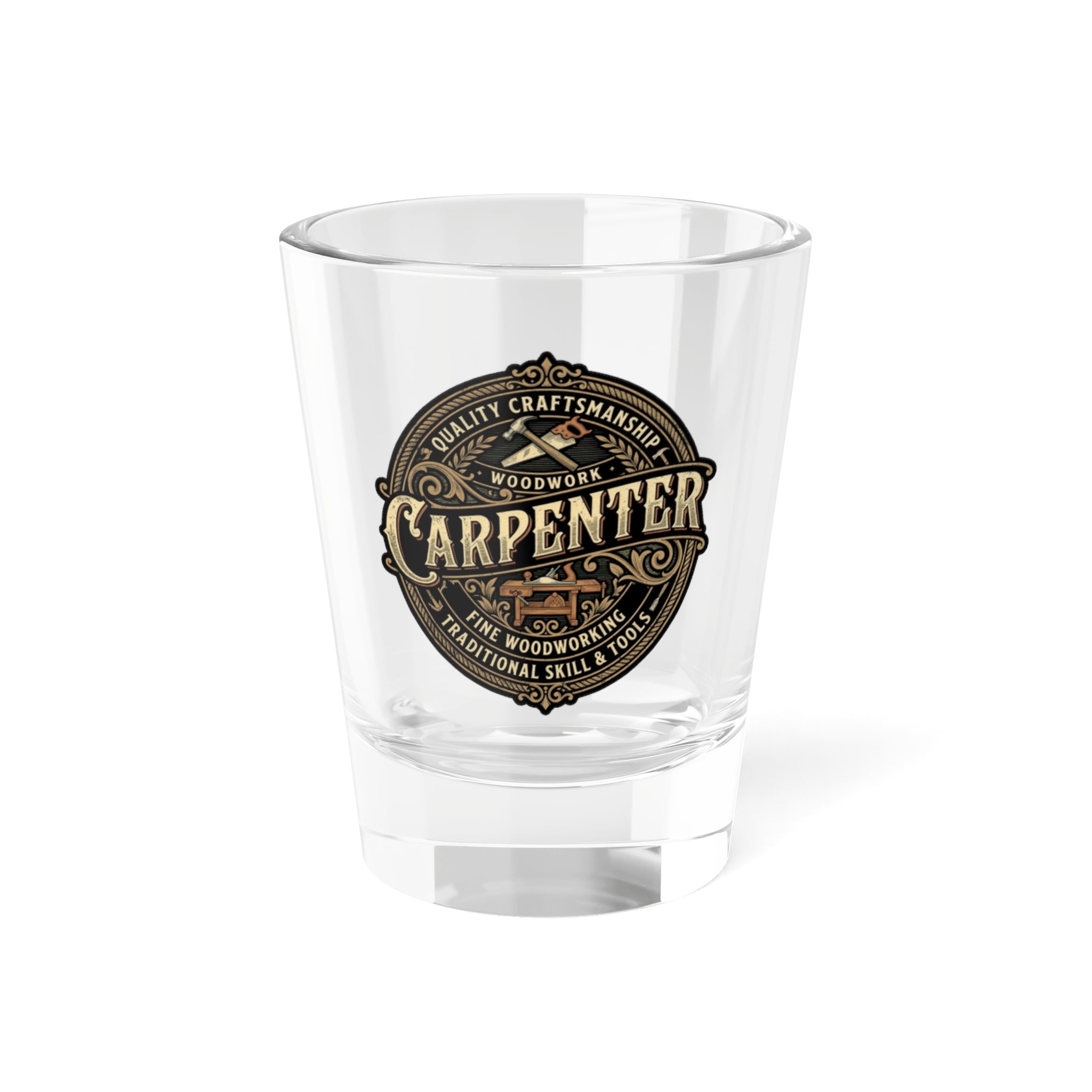 Clear shot glass with a 'Carpenter' themed label on a white background