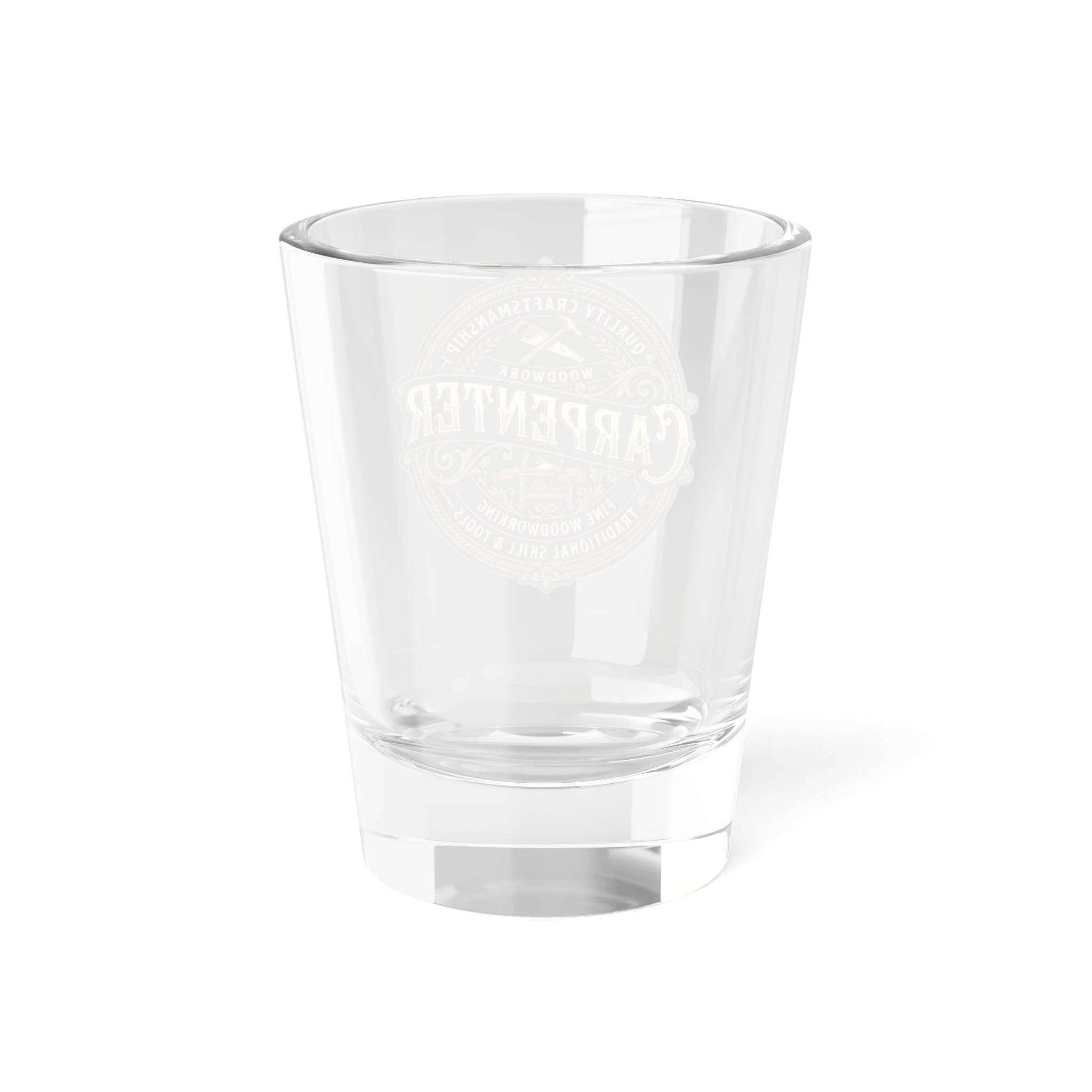 Back side of clear shot glass with branding on front side a white background