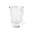 Back side of clear shot glass with branding on front side a white background