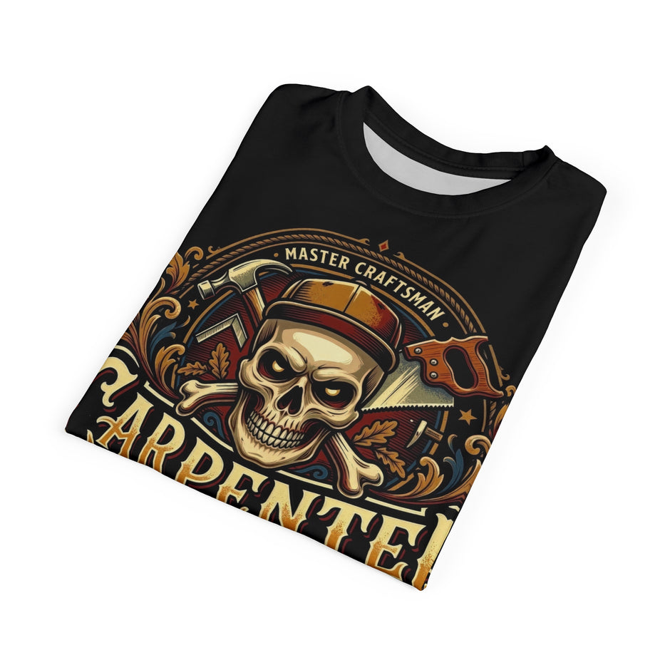 Black t-shirt with a skull and tools graphic design on a white background