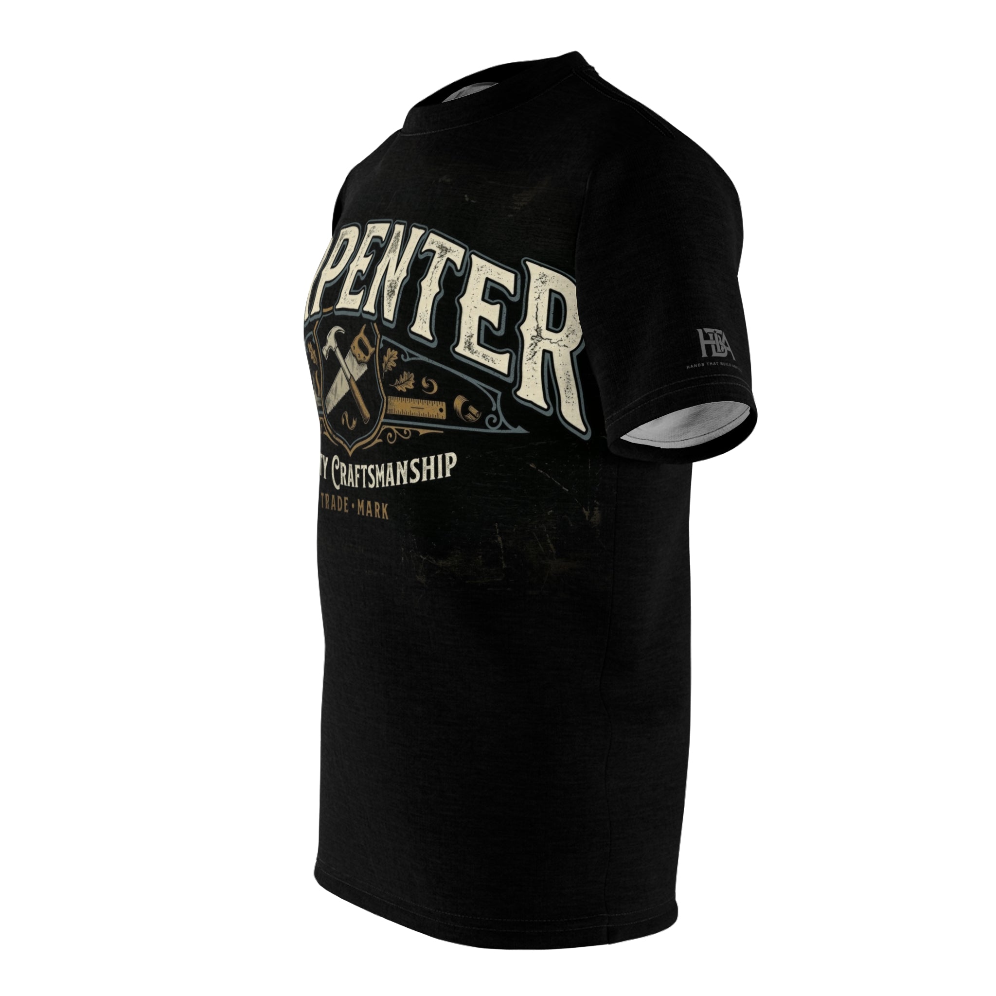 Black Carpenter t-shirt with 'HTBA' branding on sleeve on a white background