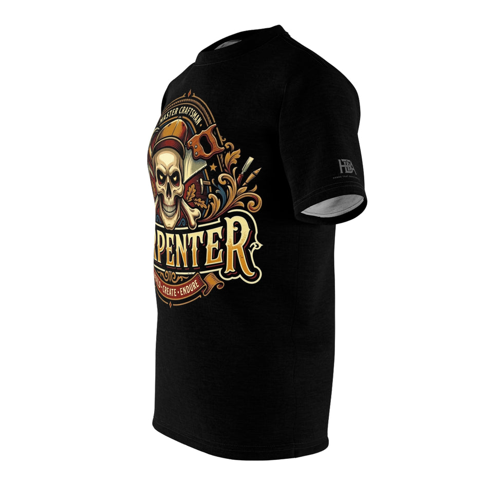 Black t-shirt with HTBA Logo on sleeve, on a white background