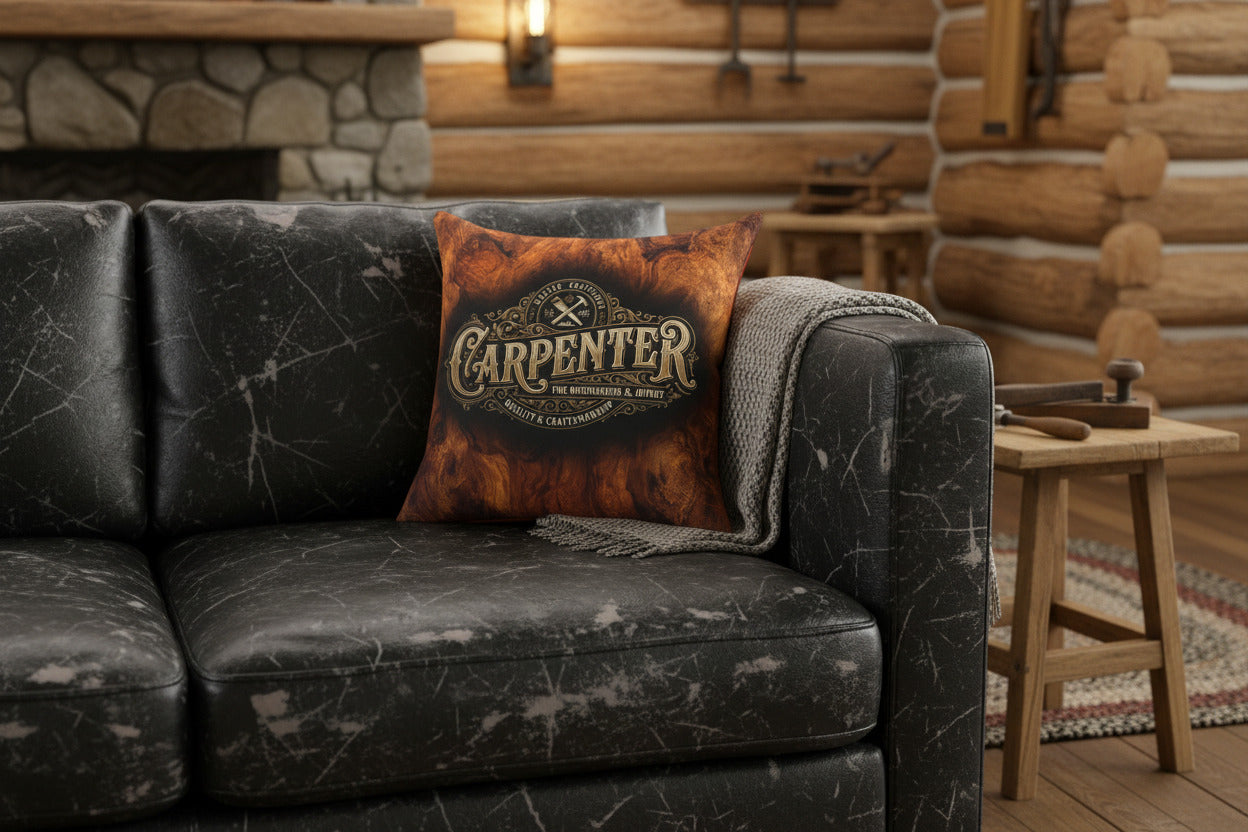 Decorative pillow with 'Carpenter' text in a vintage font on a distressed black couch.