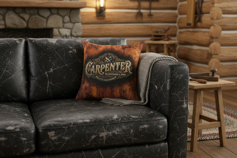 Decorative pillow with 'Carpenter' text in a vintage font on a distressed black couch.