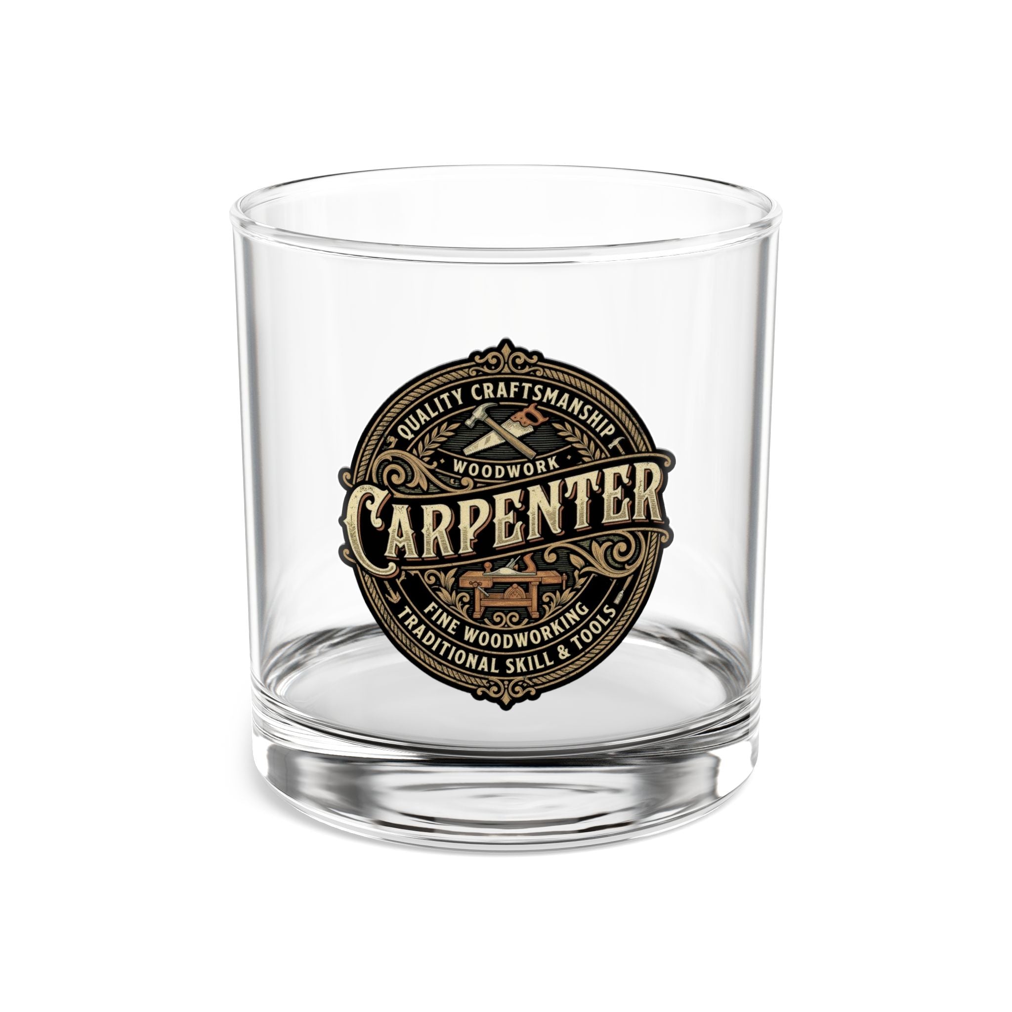 Glass of whiskey with a 'Carpenter' brand label with White background