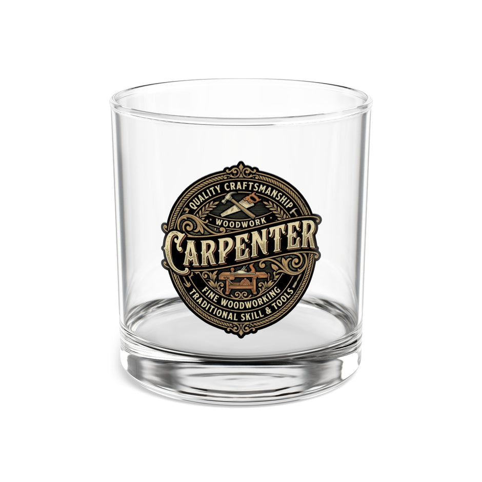 Glass of whiskey with a 'Carpenter' brand label with White background