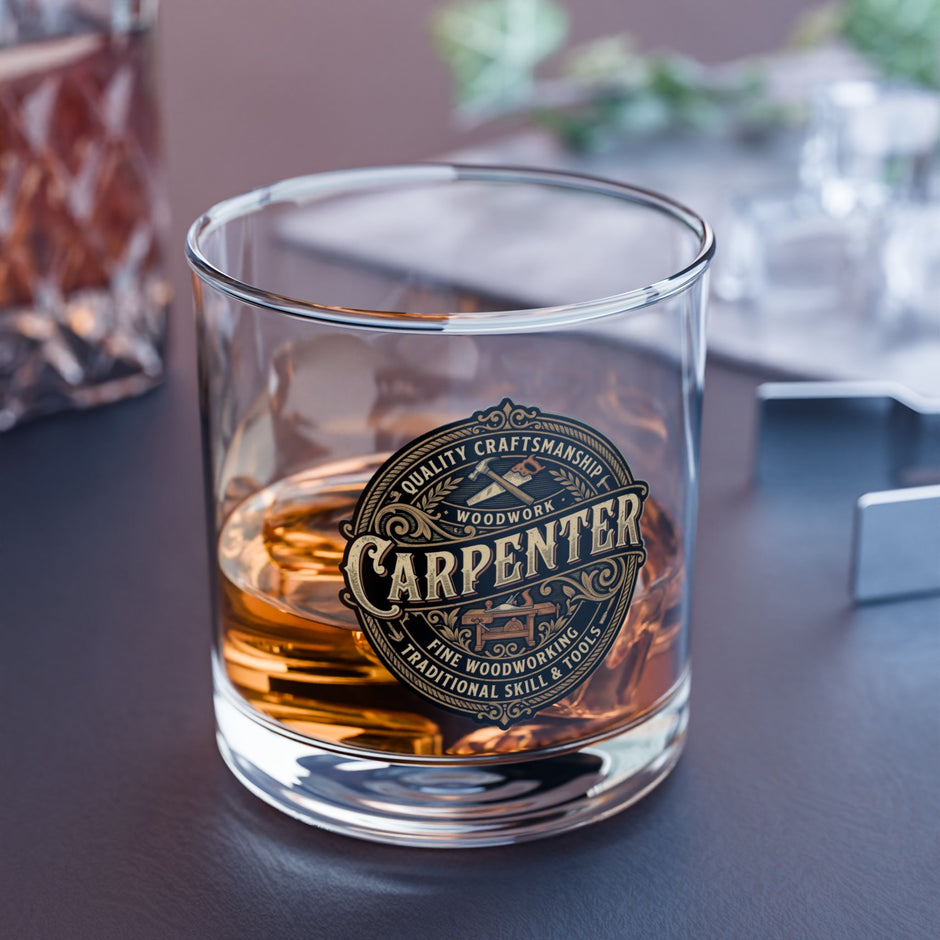Glass of whiskey with a 'Carpenter' brand label on a dark surface