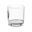 Clear glass tumbler with a logo on a white background