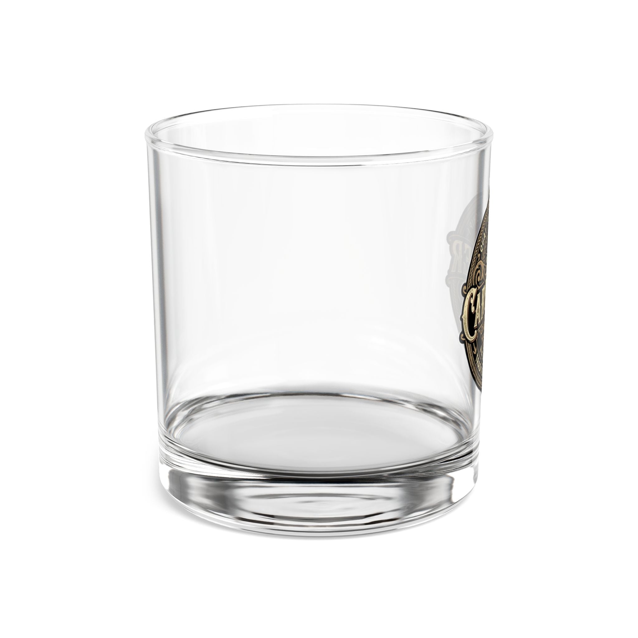 Clear glass tumbler with a logo on a white background