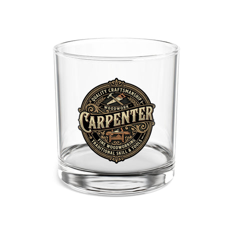 Glass of whiskey with a 'Carpenter' brand label with White background