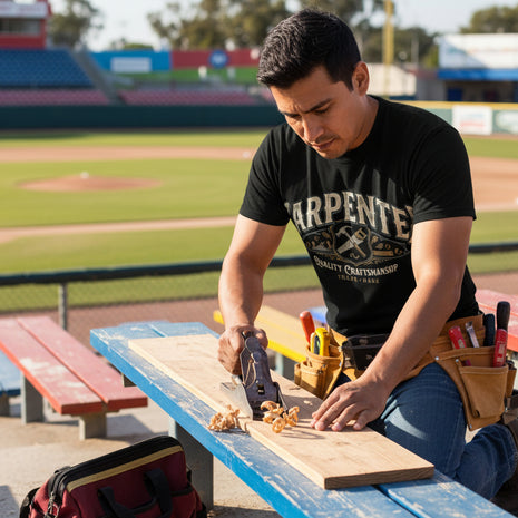 Person wearing a black t-shirt with 'Carpenter - Quality Craftsmanship' branding and text.