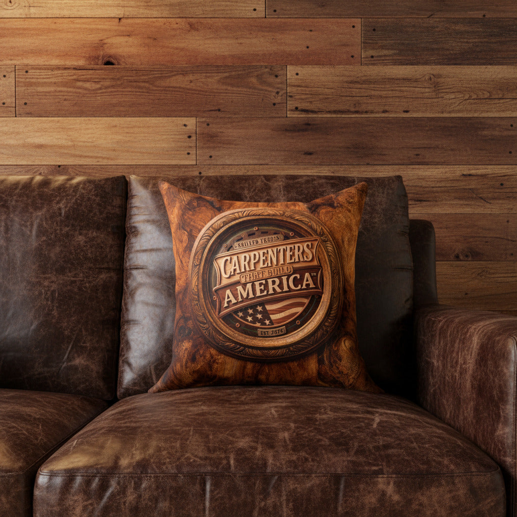 Decorative pillow with 'Carpenters That Build America' design on a leather sofa against a wood plank wall.