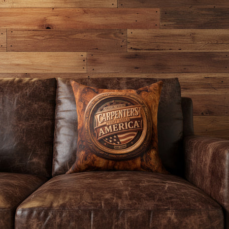 Decorative pillow with 'Carpenters That Build America' design on a leather sofa against a wood plank wall.
