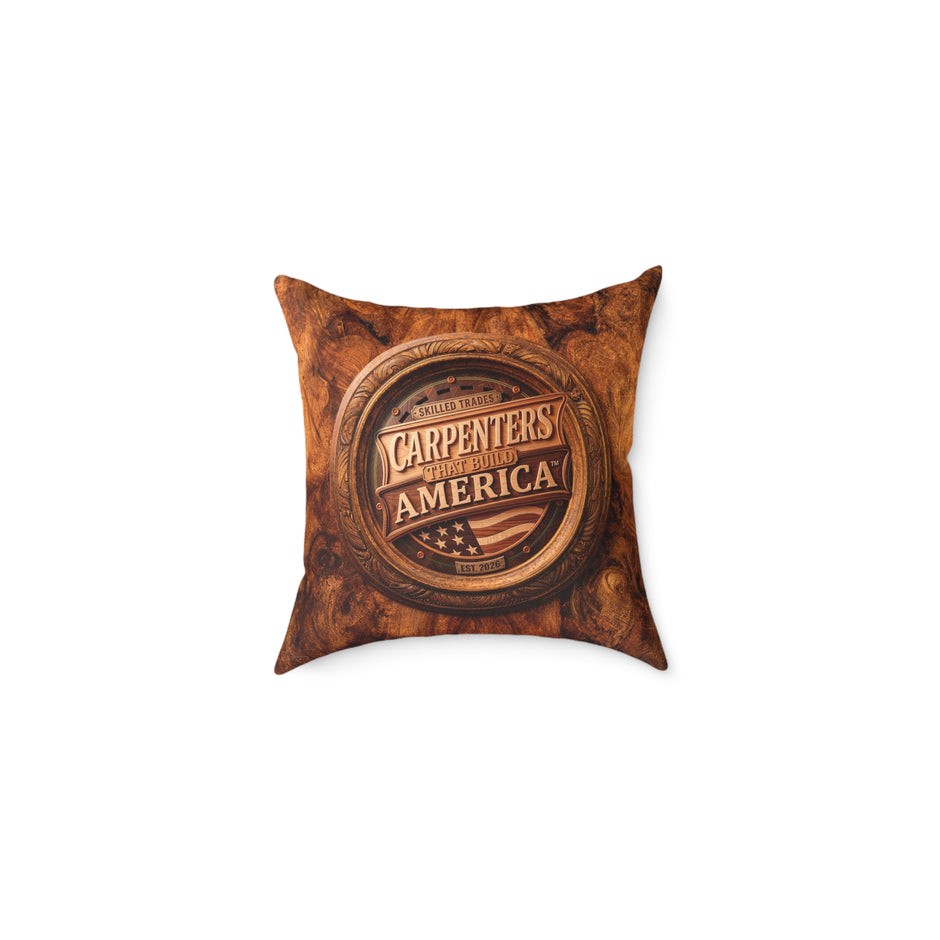 Brown pillow with 'Carpenters That Build America' logo on a white background