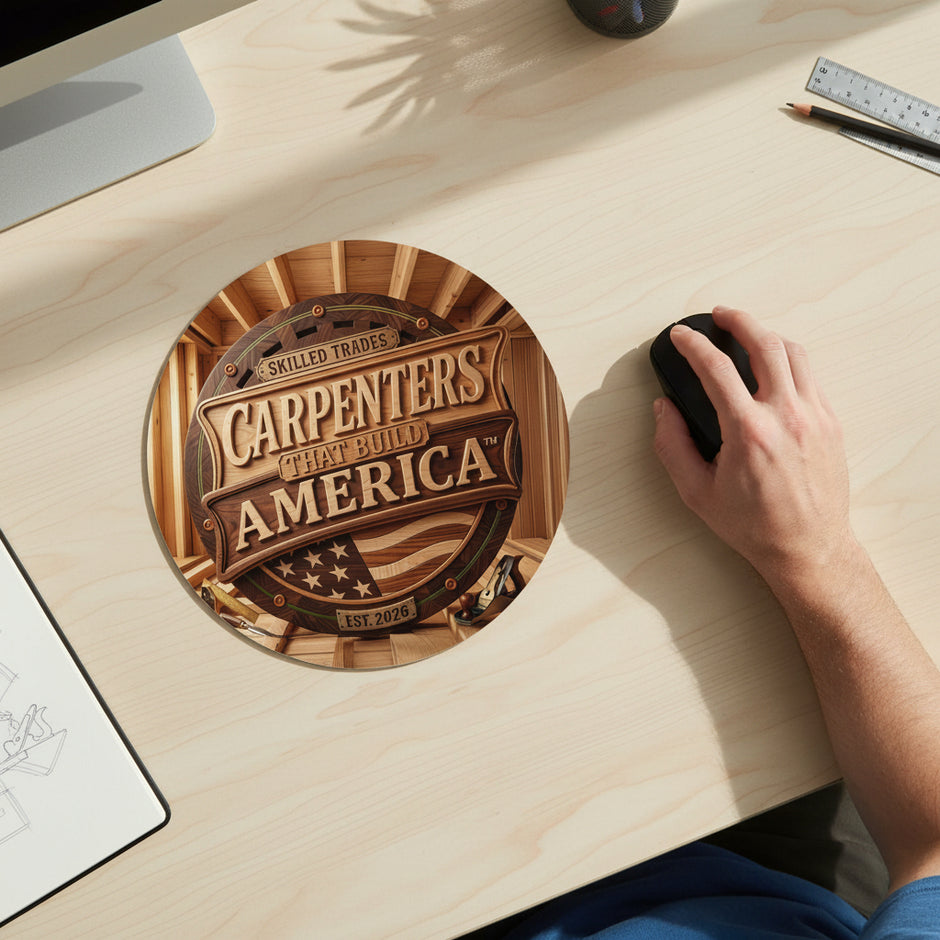 Mouse pad with 'Carpenters That Build America' logo and text on a wooden style background