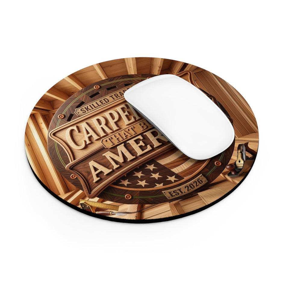 Wooden style mouse pad with text and a white mouse on a white background