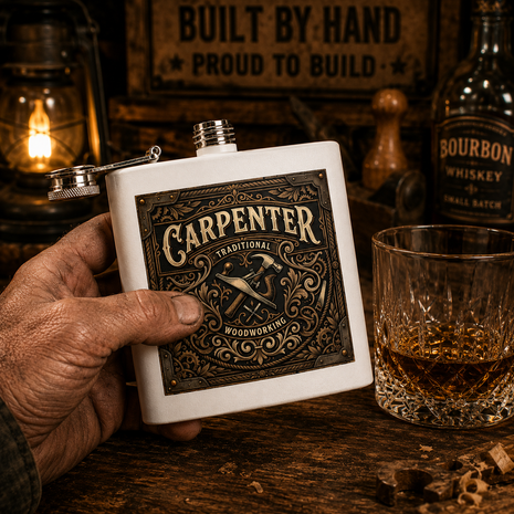 Carpenter Stainless Steel Flask – Traditional Woodworking 6oz Hip Flask Gift - DCA0420