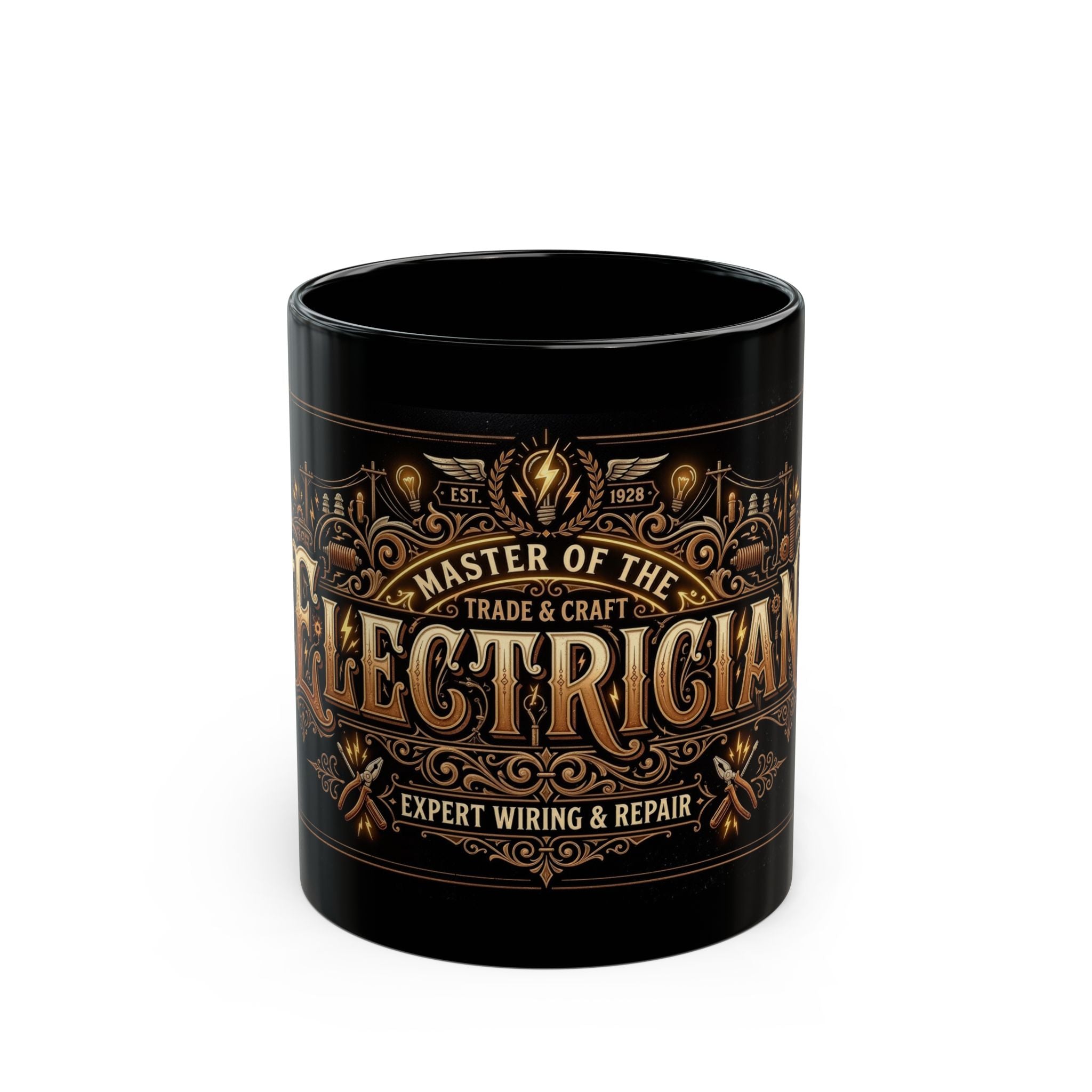 Black mug with decorative text and graphics on a white background