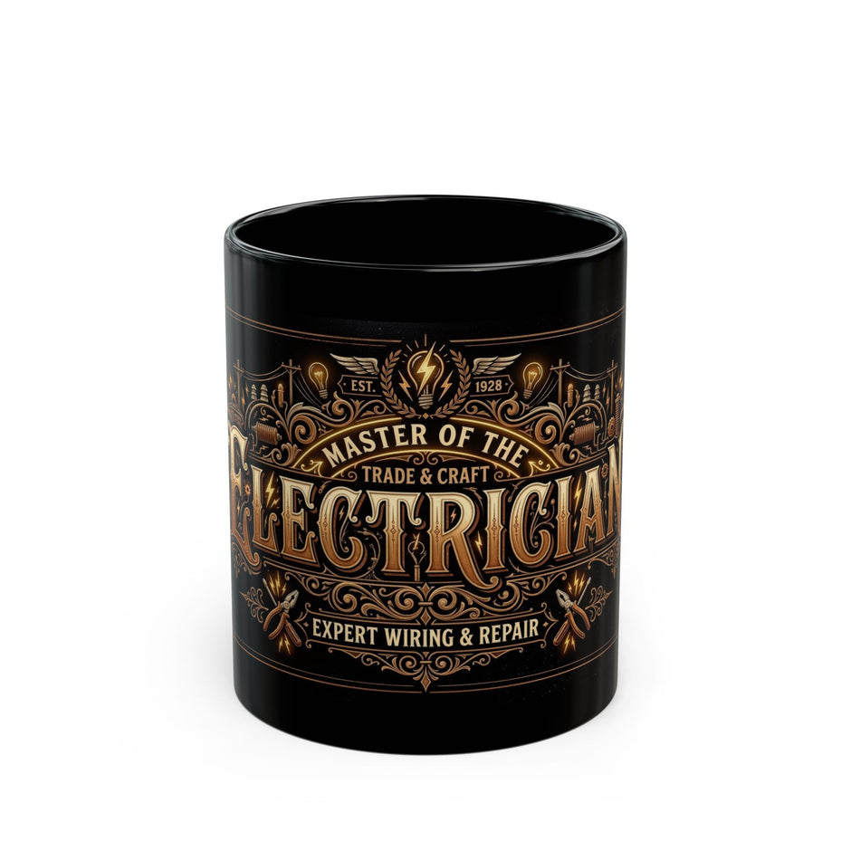 Black mug with decorative text and graphics on a white background