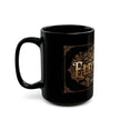 Black mug with gold decorative text on a white background