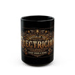 Black mug with gold text and design on a white background
