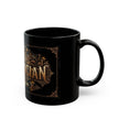 Black mug with gold decorative text on a white background