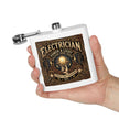 A hand holding a white flask with a silver metal spout and a large vintage-style electrician graphic on the front, shown against a plain white background.