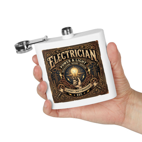 A hand holding a white flask with a silver metal spout and a large vintage-style electrician graphic on the front, shown against a plain white background.