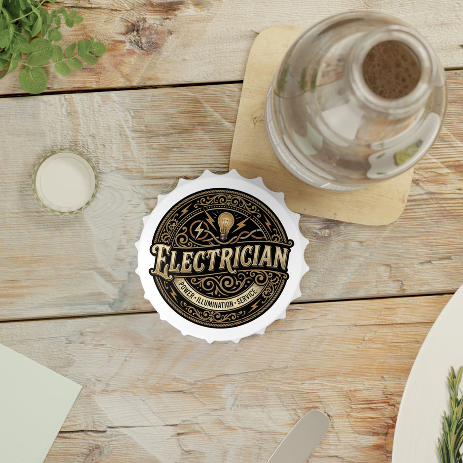 Bottle Opener with 'Electrician' design on a wooden table with a glass of water.
