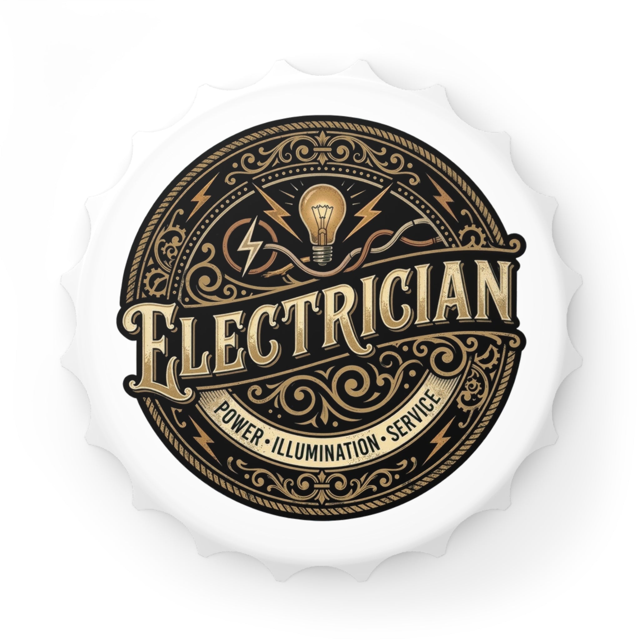 Decorative bottle opener for an electrician with vintage-style text and symbols on a white background.