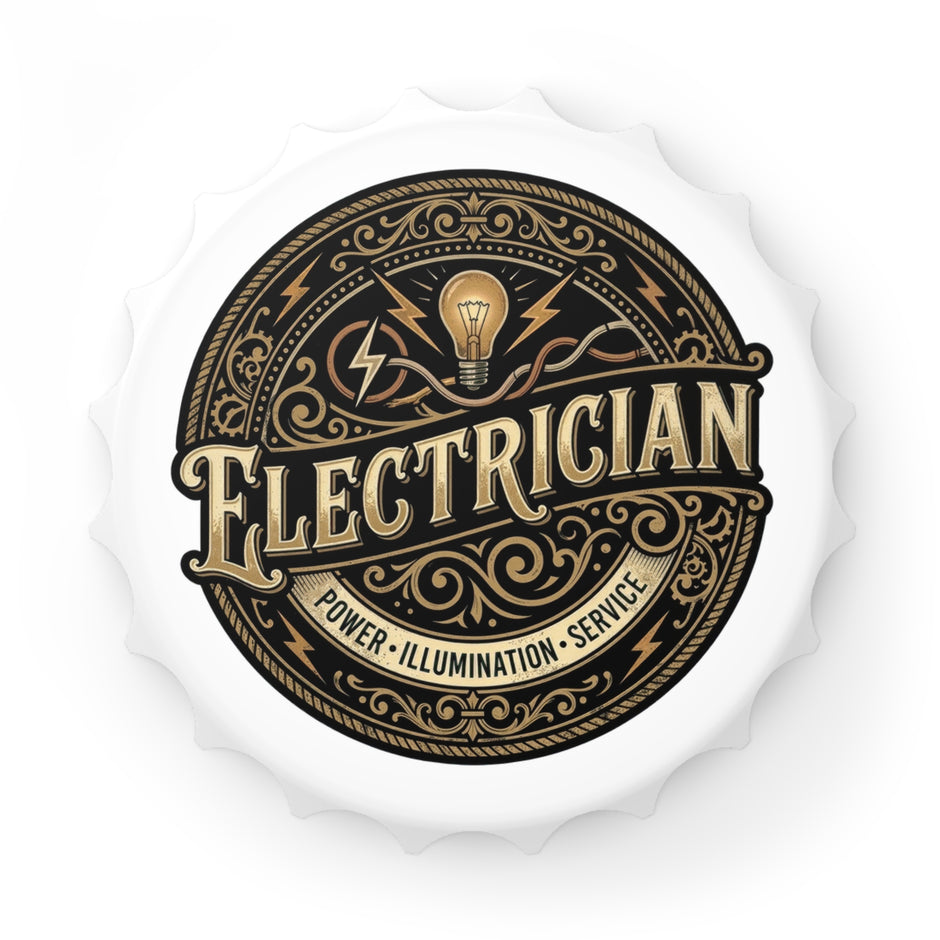 Decorative bottle opener for an electrician with vintage-style text and symbols on a white background.