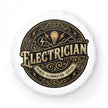 Decorative bottle opener for an electrician with vintage-style text and symbols on a white background.
